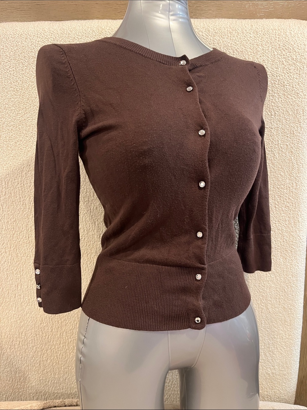 Express Brown Button-Front Knit Top with Pearl Buttons